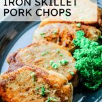 four seared pork chops with parsley garnish and text overlay.