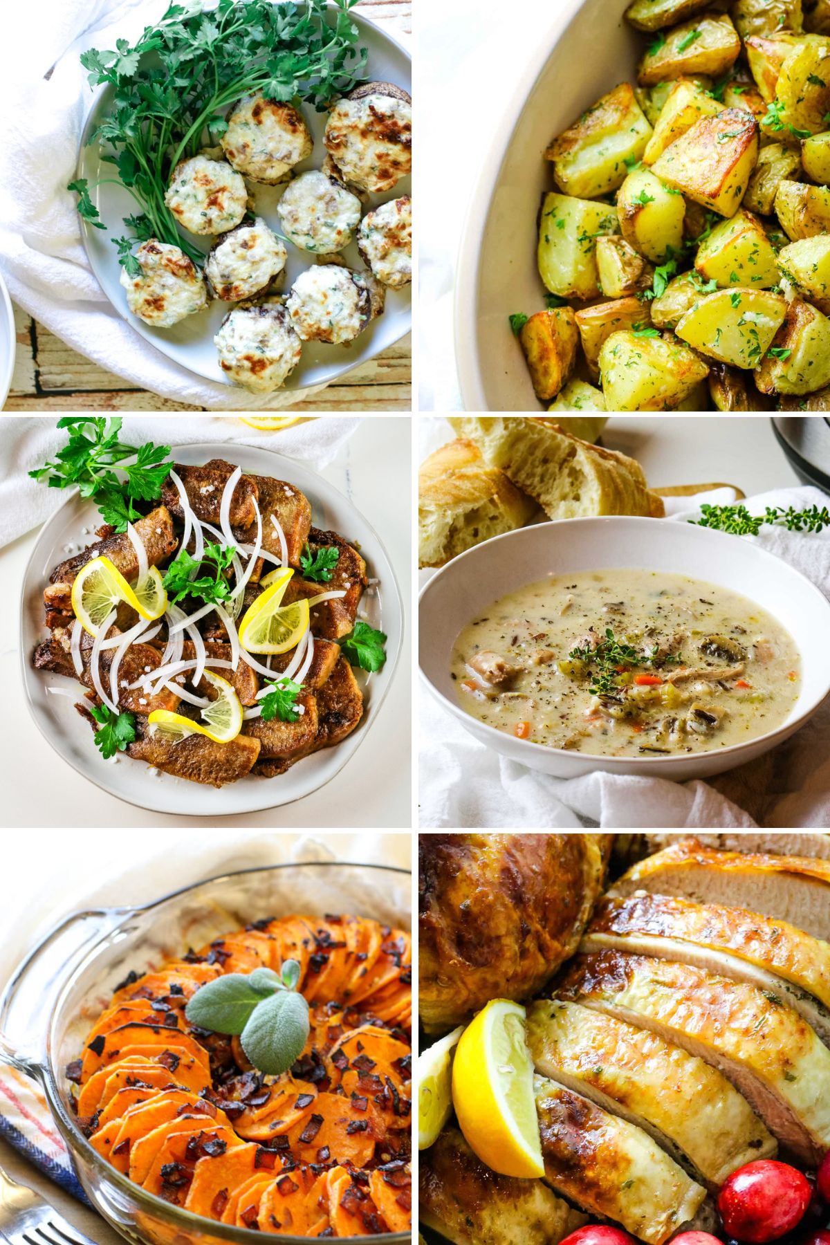 collage of holiday recipes that are gluten free with 6 photos.