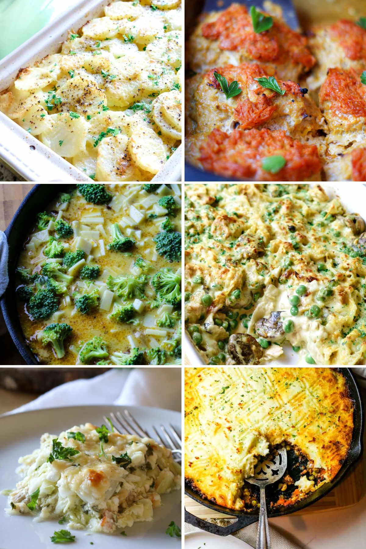 collage of casserole recipes in baking pans and cast iron skillet.
