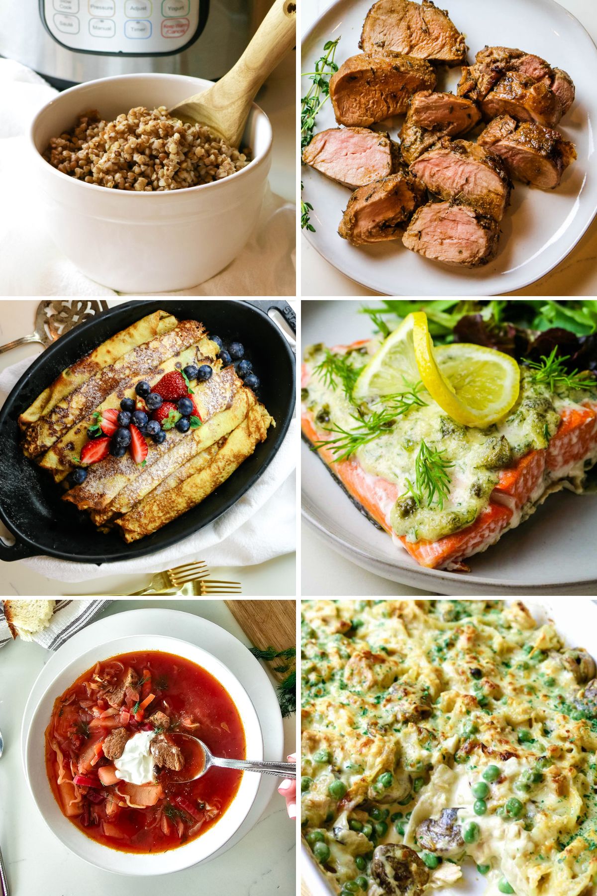 collage of pictures, clockwise: buckwheat in white bowl, pork tenderloin, crepe rolls, mayo salmon, borsh, and tuna casserole.