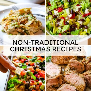 collage of photos: tuna casserole, salad, sheet pan nachos, and tenderloin with text overlay.