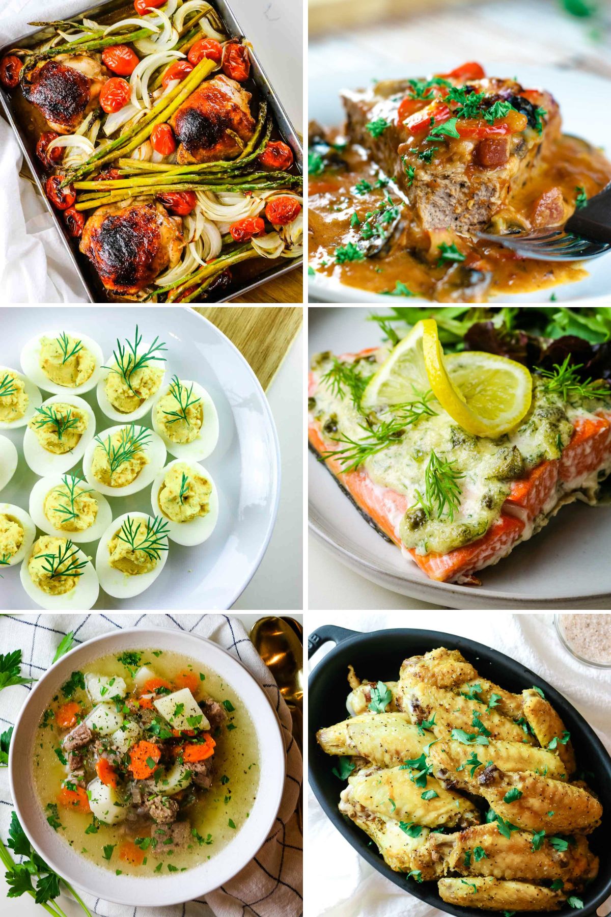 collage of food image: sheet pan chicken asparagus, crustless pizza, deviled eggs, salmon, shurpa soup, and chicken wings.