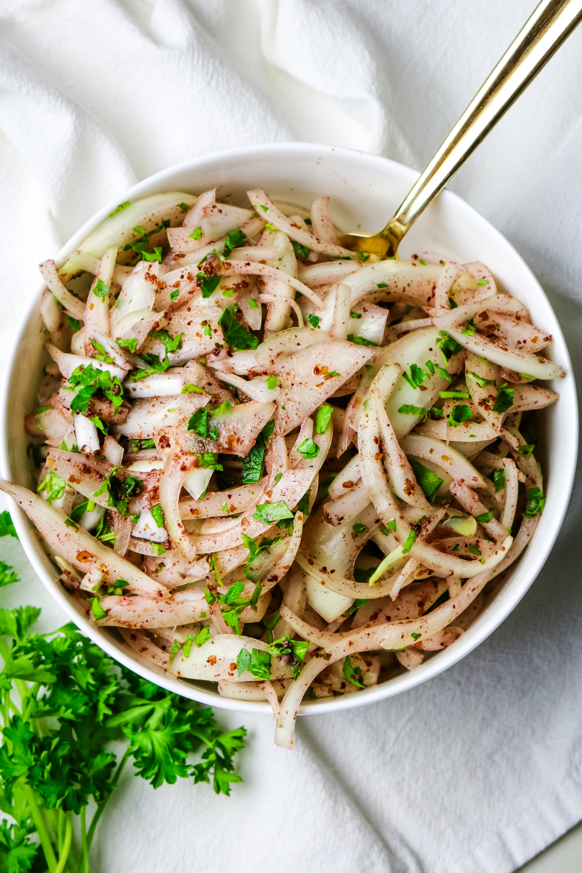 tossed sliced onions with green parsley and sumac seasoning.