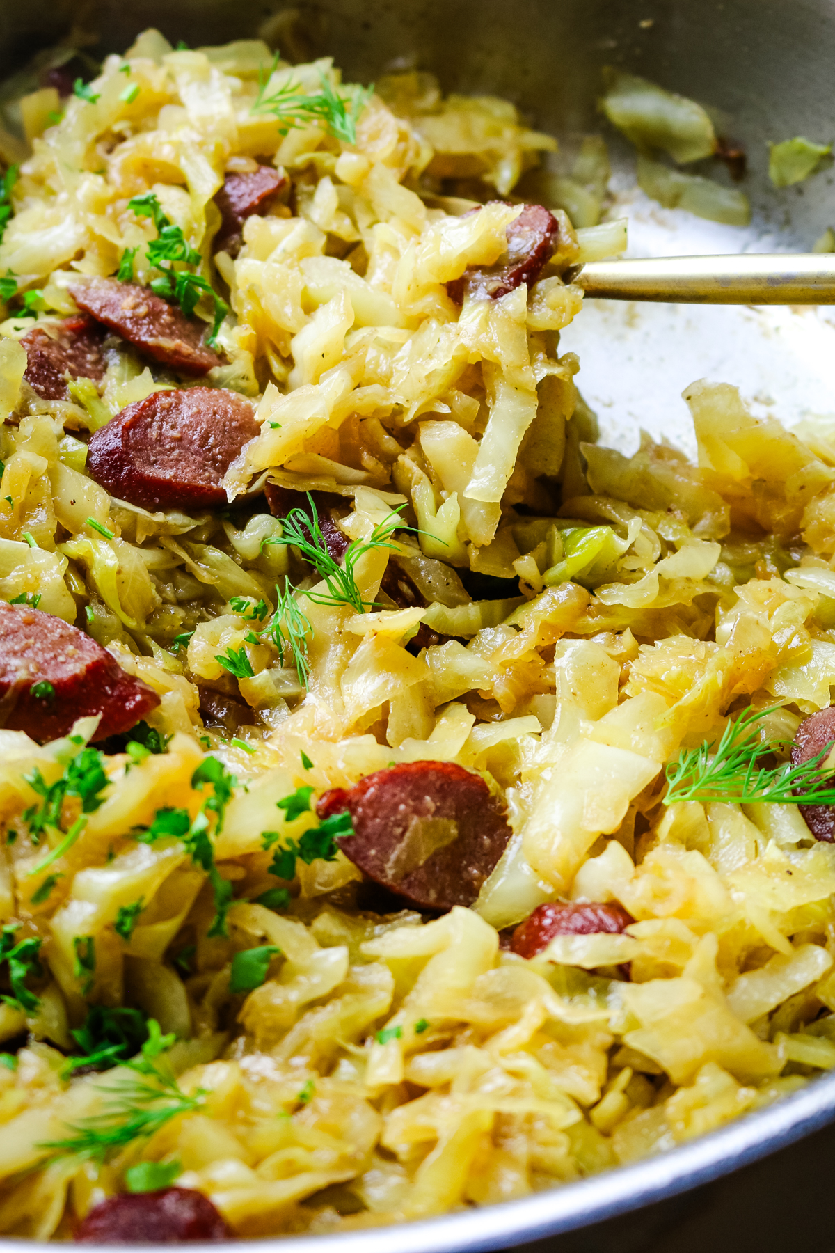 sauteed cabbage and sausage with fresh herbs.