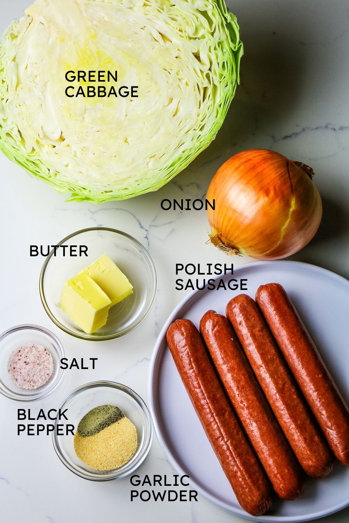 ingredients for fried cabbage with sausage.