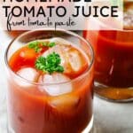 tomato juice in two glasses with ice cubes with text overlay.