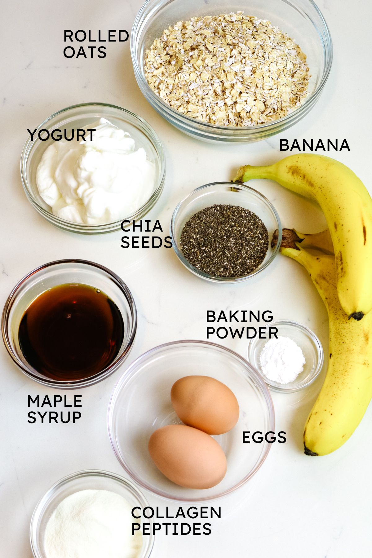 ingredients for baked protein oats with labels.