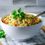 Chicken potato salad in a bowl.