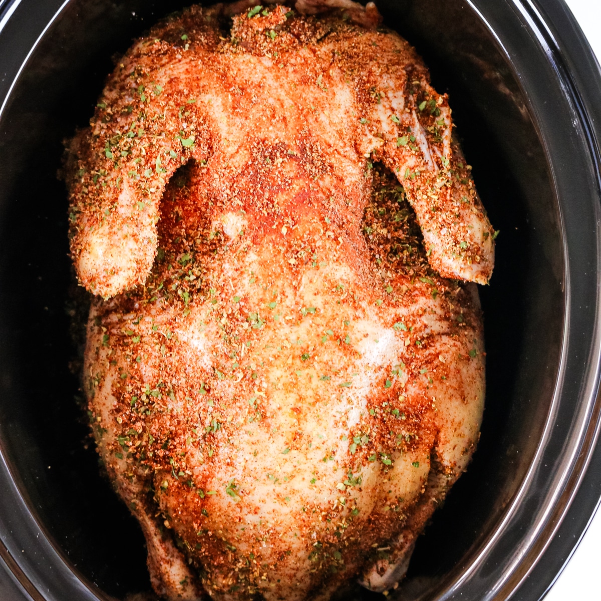A duck seasoned with garlic in a slow cooker.