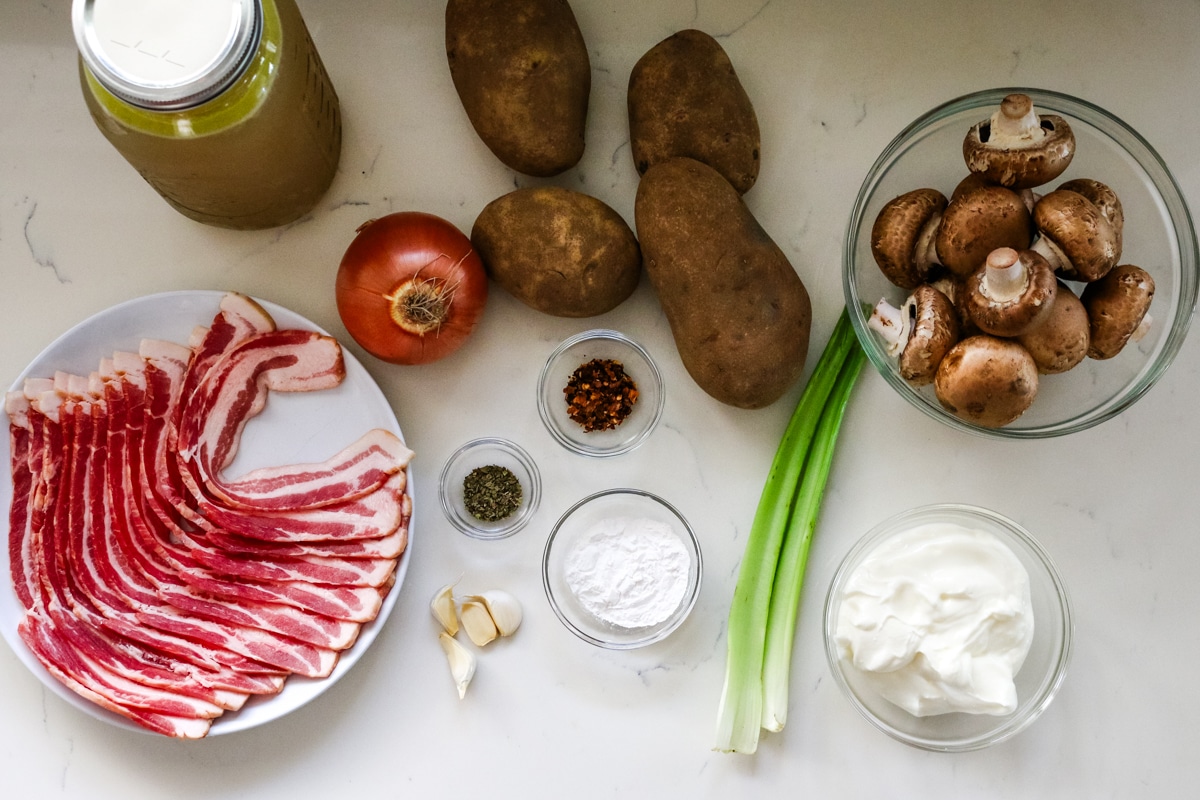 Ingredients for mushroom, bacon, and potato soup.