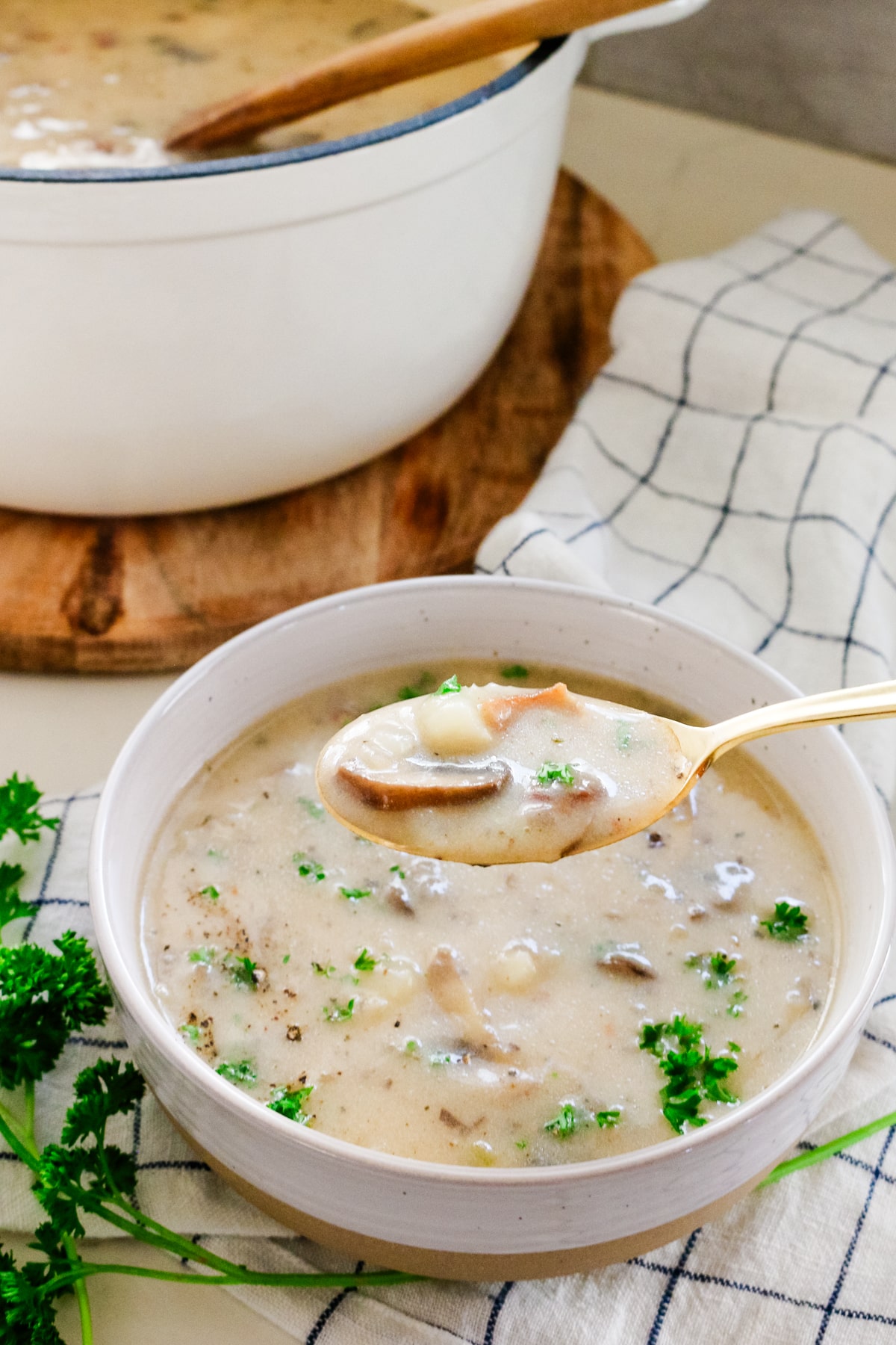 A bowl of soup in a white bowl, with a pot of mushroom, bacon, and potato soup behind it.