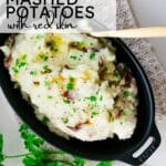 seasoned red skin mashed potatoes in baking dish with recipe title above.
