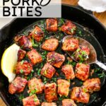 pork bites in cast iron skillet with recipe title above.