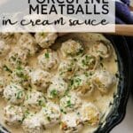 porcupine meatballs in cream sauce in cast iron skillet with title of recipe.