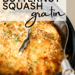 Butternut squash gratin in baking dish with serving spoon and text above.