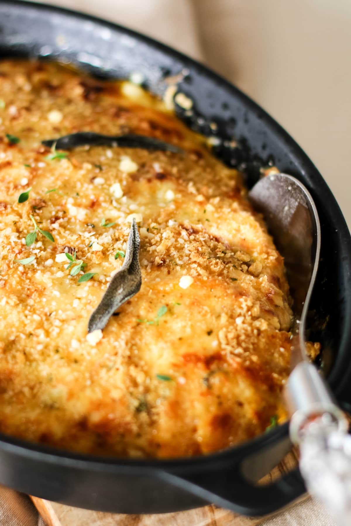 close up of butternut squash gratin in baking dish with serving spoon.