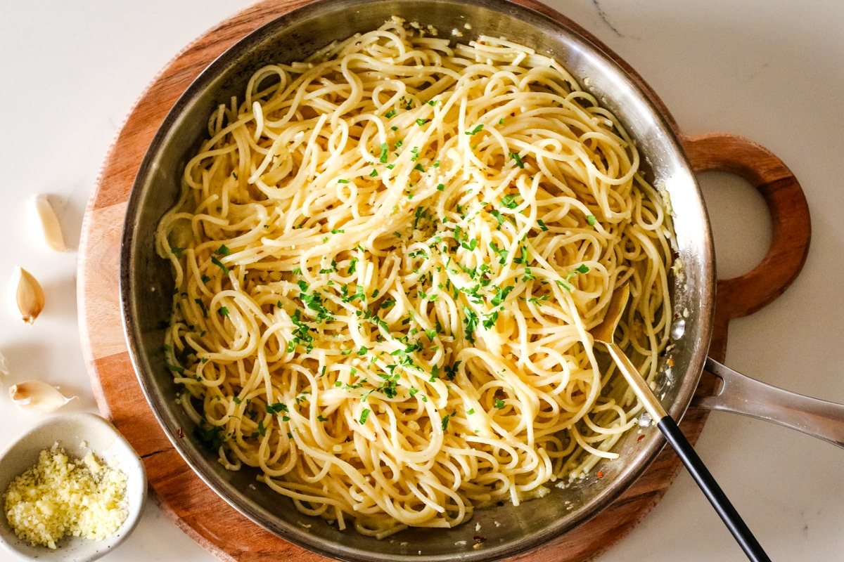 garlic butter pasta in a pan.