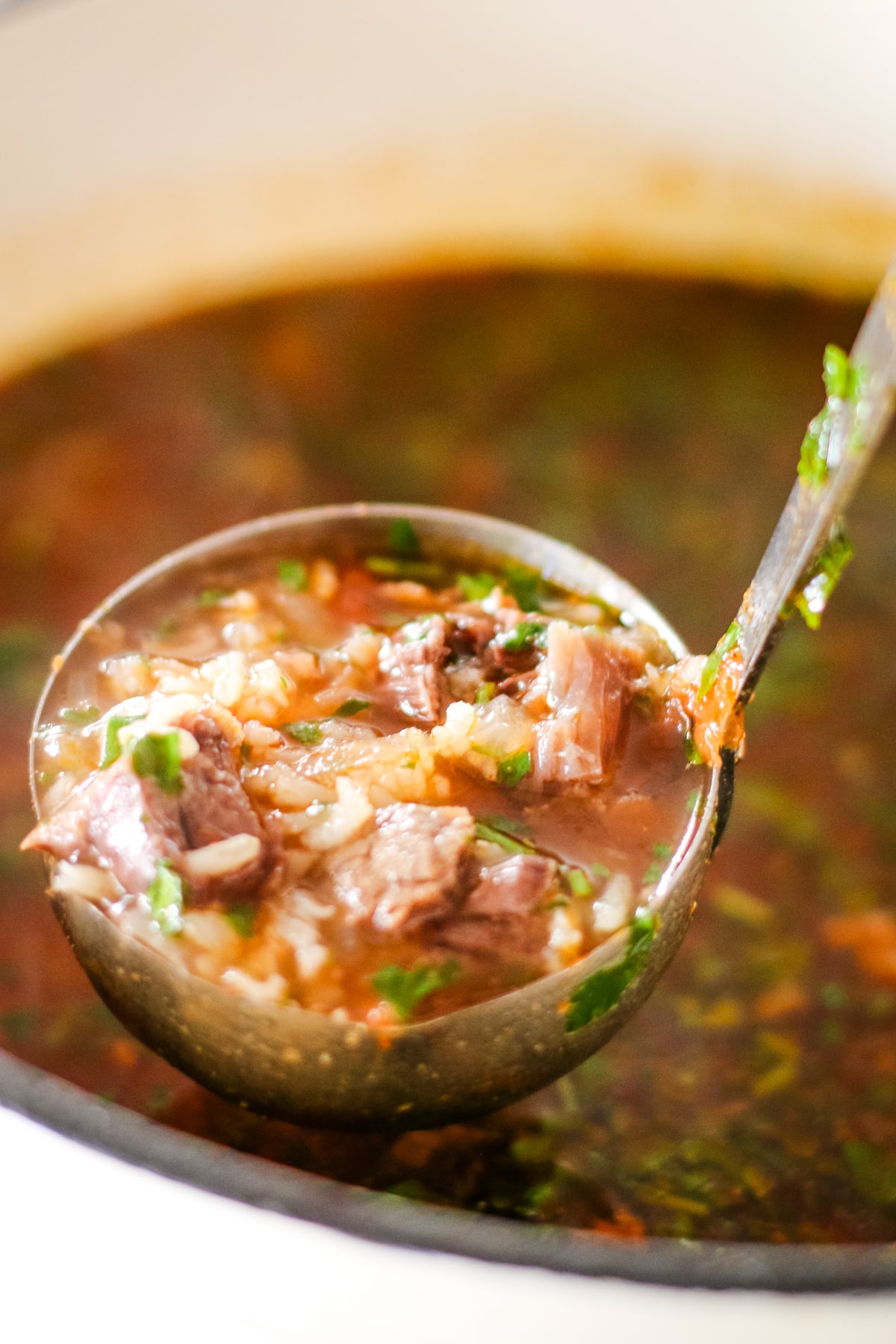 Kharcho soup being scooped with a ladle.