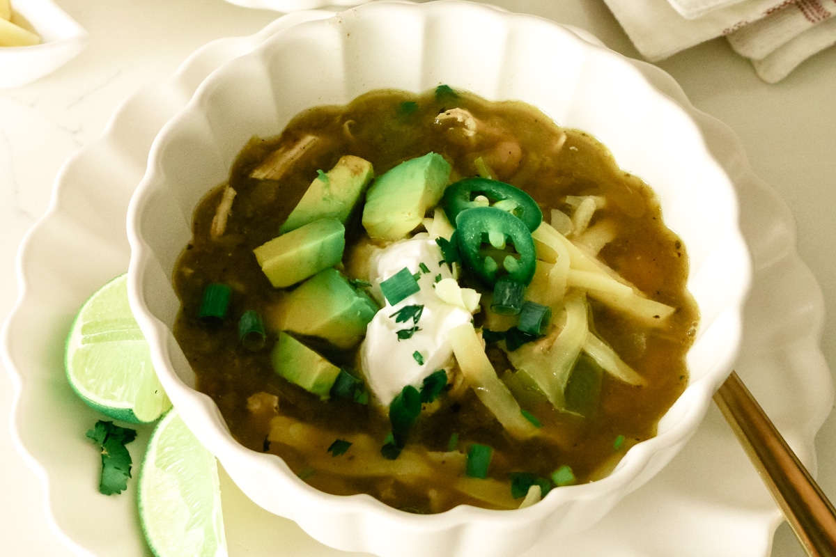 white chicken chili served in a bowl.