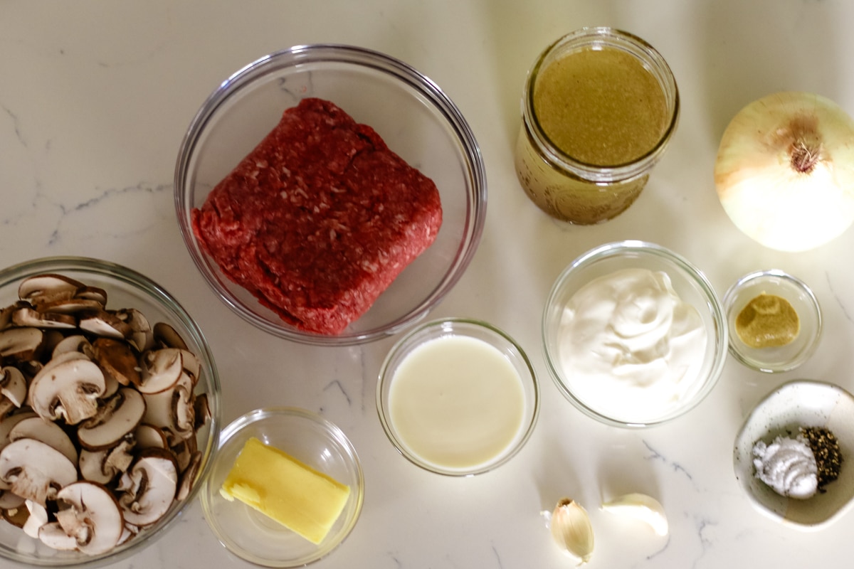 ingredients for making ground beef stroganoff.