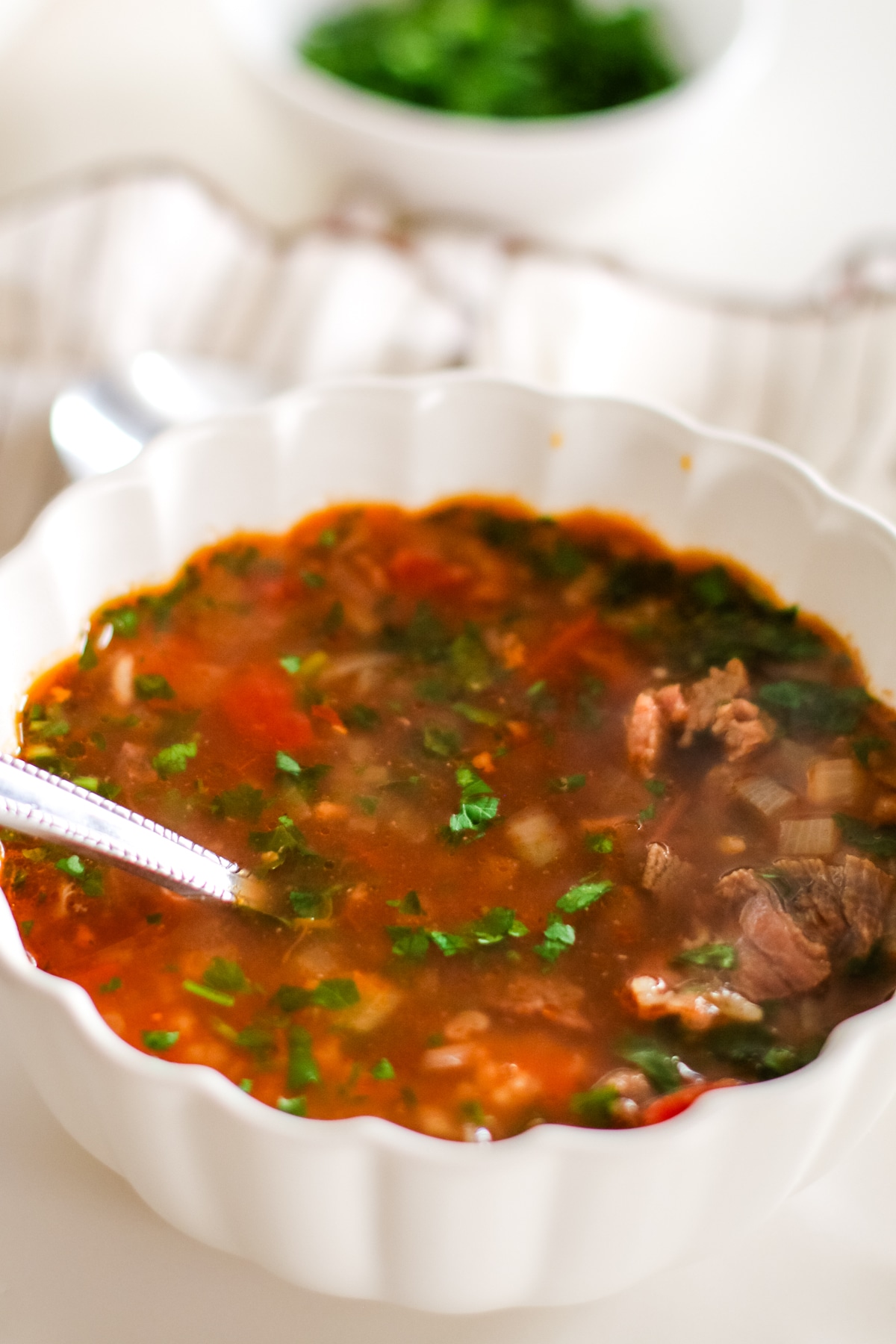 Kharcho soup in a bowl with a spoon.