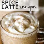 pumpkin spice latte served in a coffee glass with text overlay.