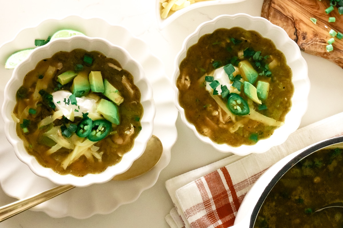 white chicken chili served in a bowl.