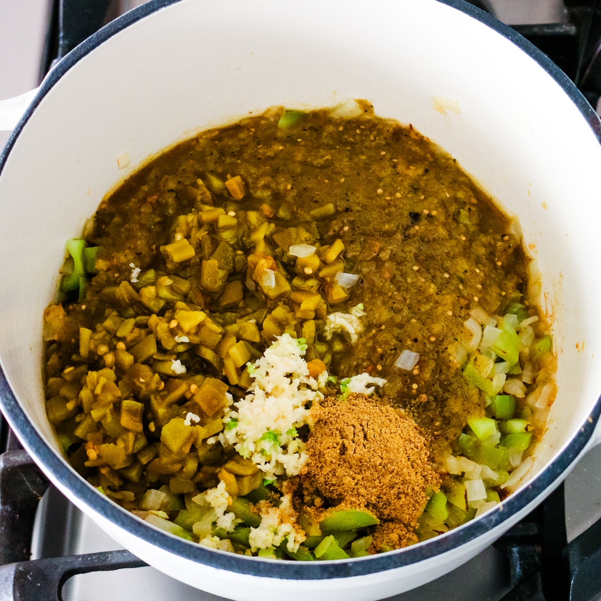 salsa, chiles, garlic, and cumin being stirred together.
