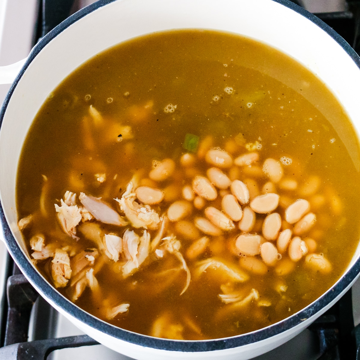 cooked chicken and broth added with salsa, chiles, garlic, and cumin.