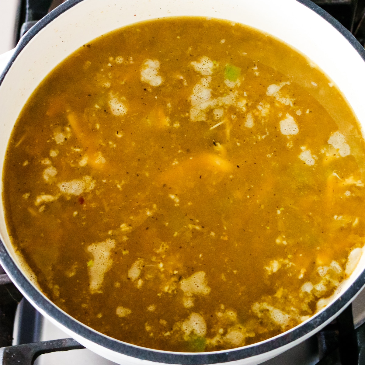 cooked chicken and broth added with salsa, chiles, garlic, and cumin and stirred together.