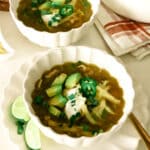 white chicken chili served in a bowl.