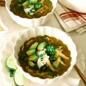 white chicken chili served in a bowl.