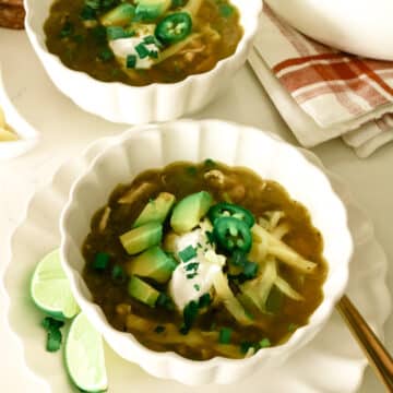 white chicken chili served in a bowl.