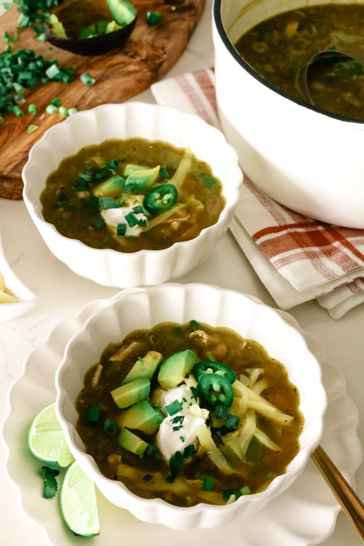 white chicken chili served in a bowl.