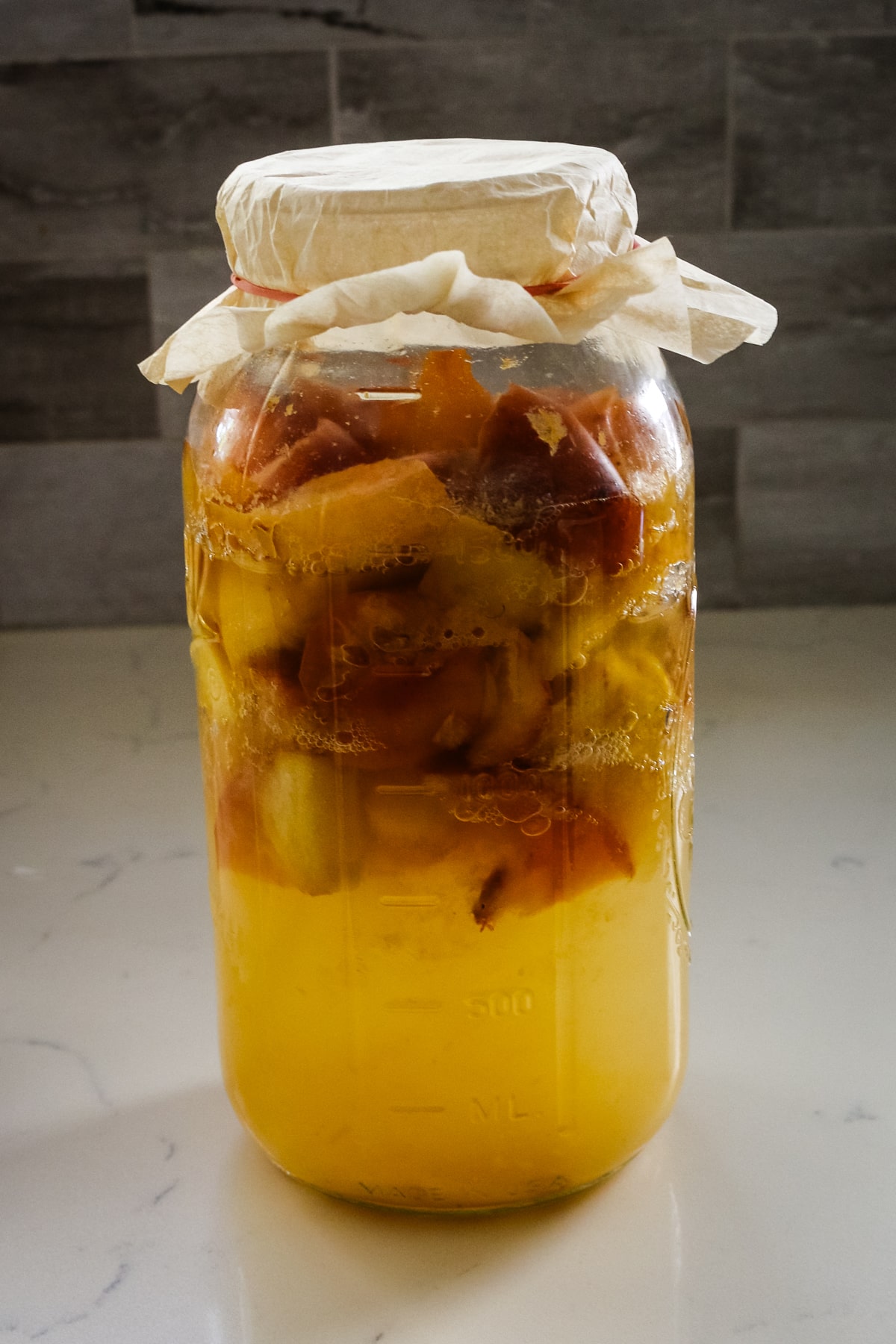 large glass jar filled with chopped apples and liquid for fermentation, covered with paper and secured with a rubber band.