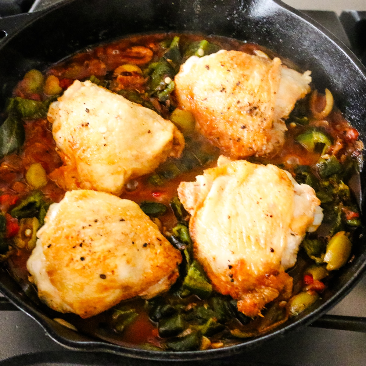 basque chicken in a skillet.