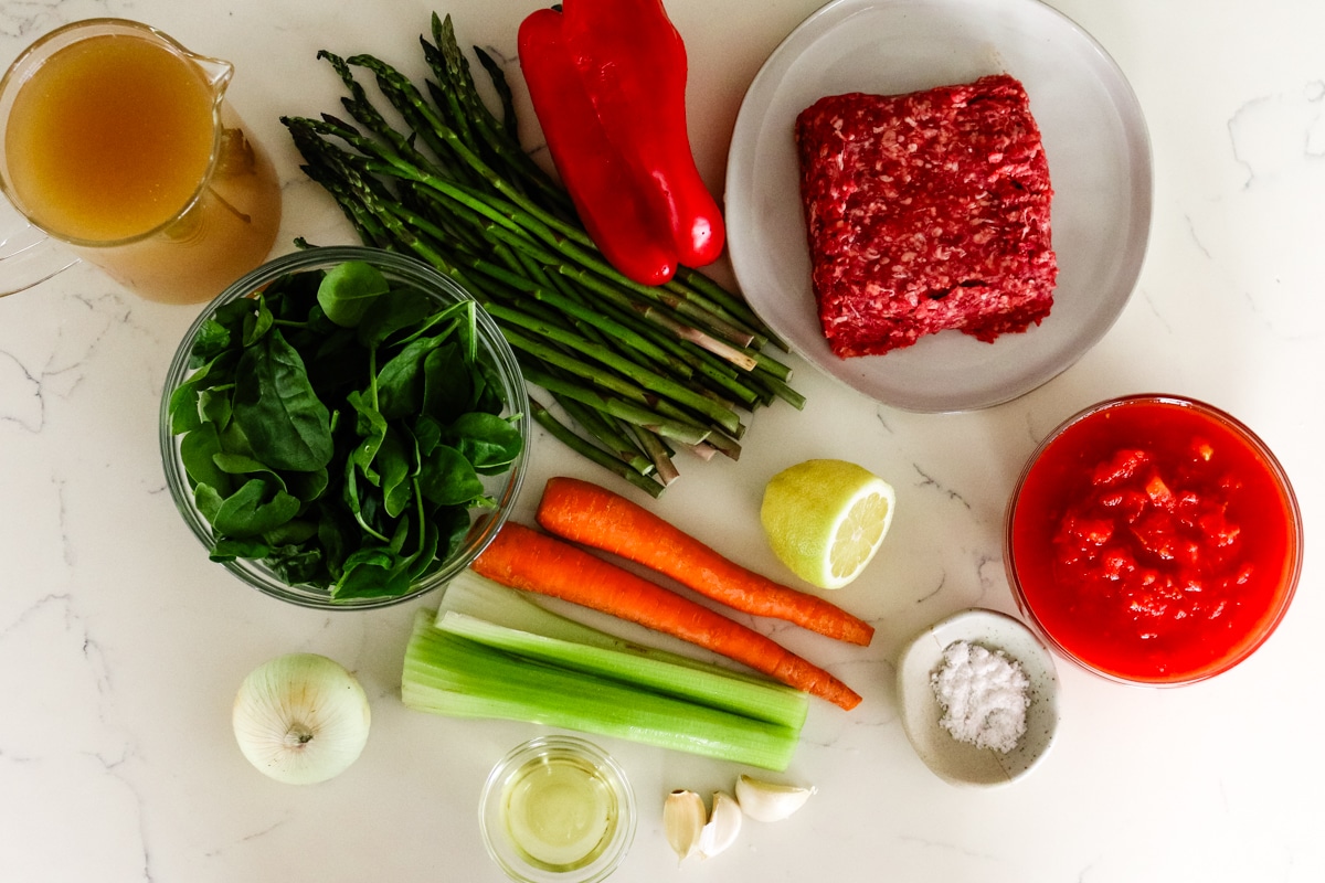 ingredients for ground beef and vegetable soup.