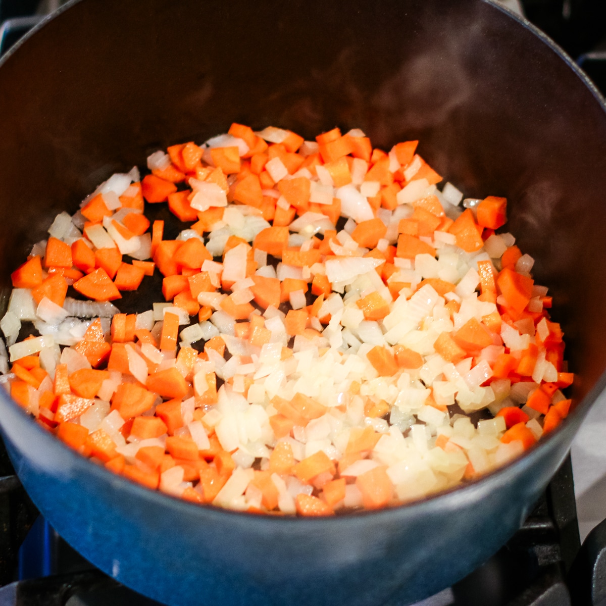 Diced onions and carrots in a pot over the stove.