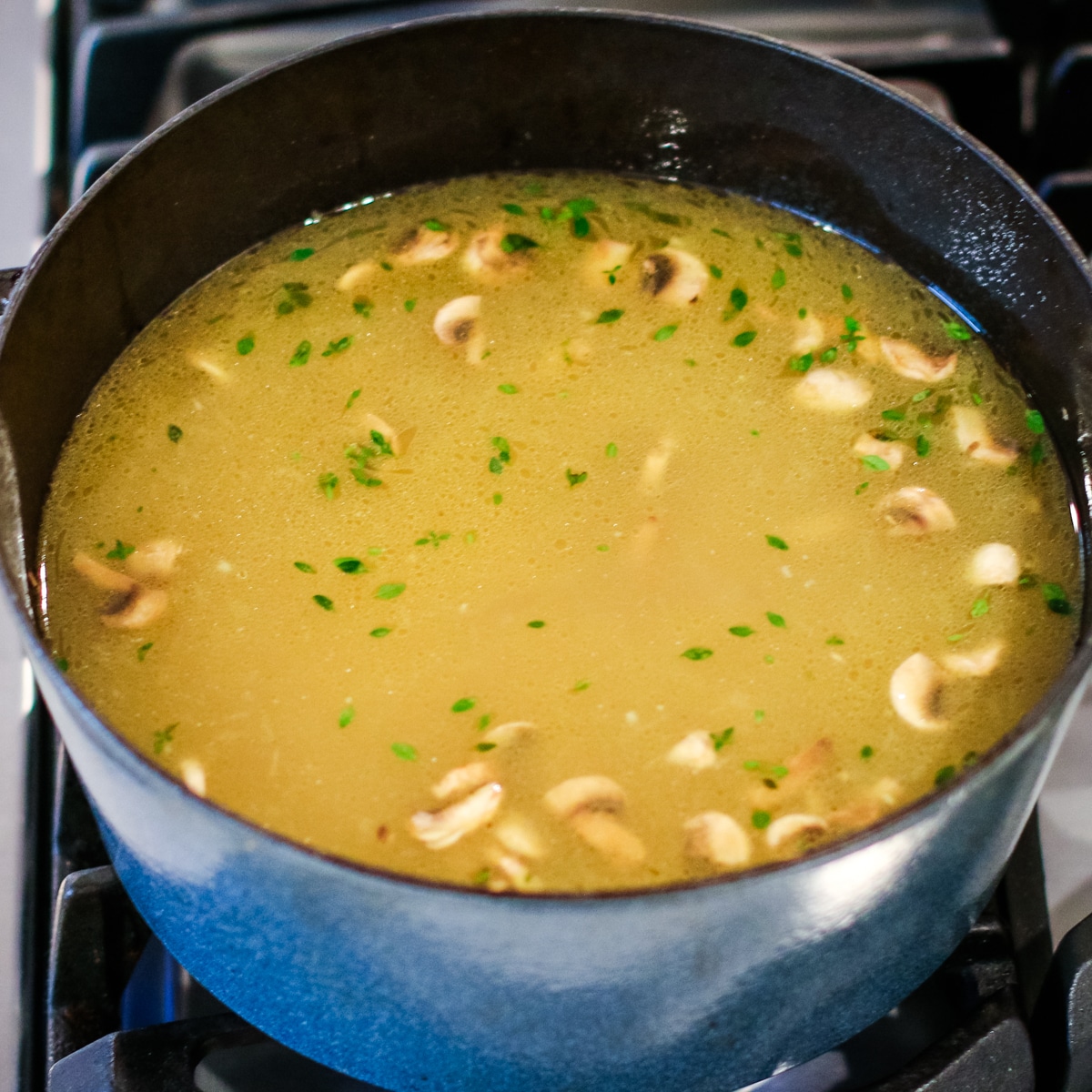 A pot with turkey stock, mushrooms, and vetables