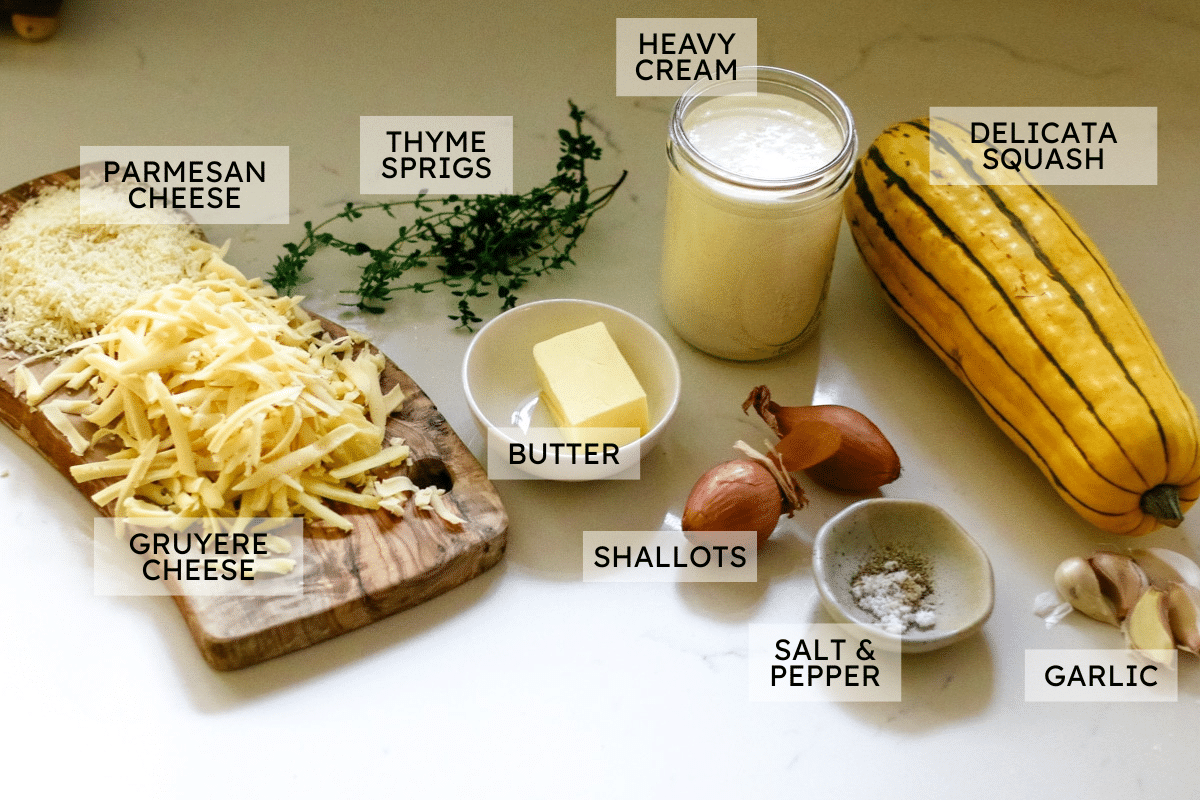 ingredients for delicata squash au gratin.