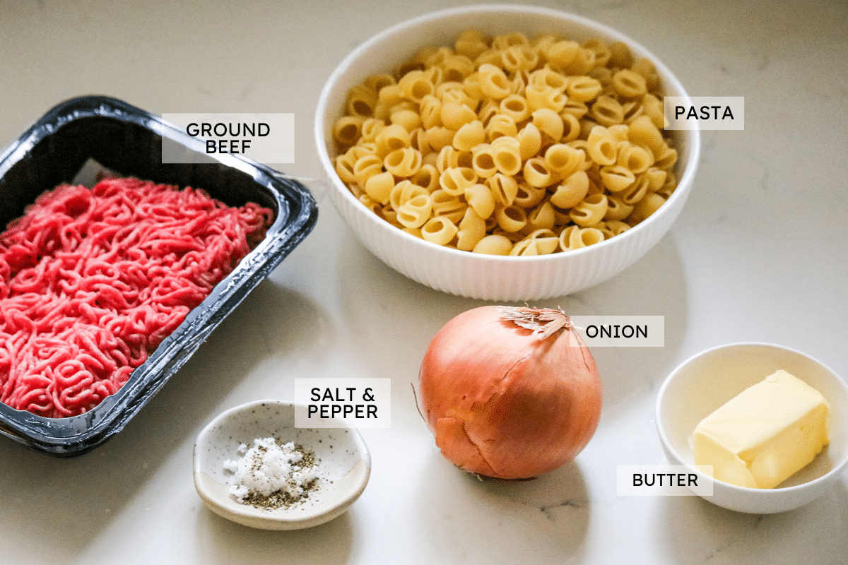 ingredients for ground beef and noodles.