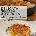 serving of baked delicata squash gratin on a plate with a fork, with the full gratin in a baking dish blurred in the background.