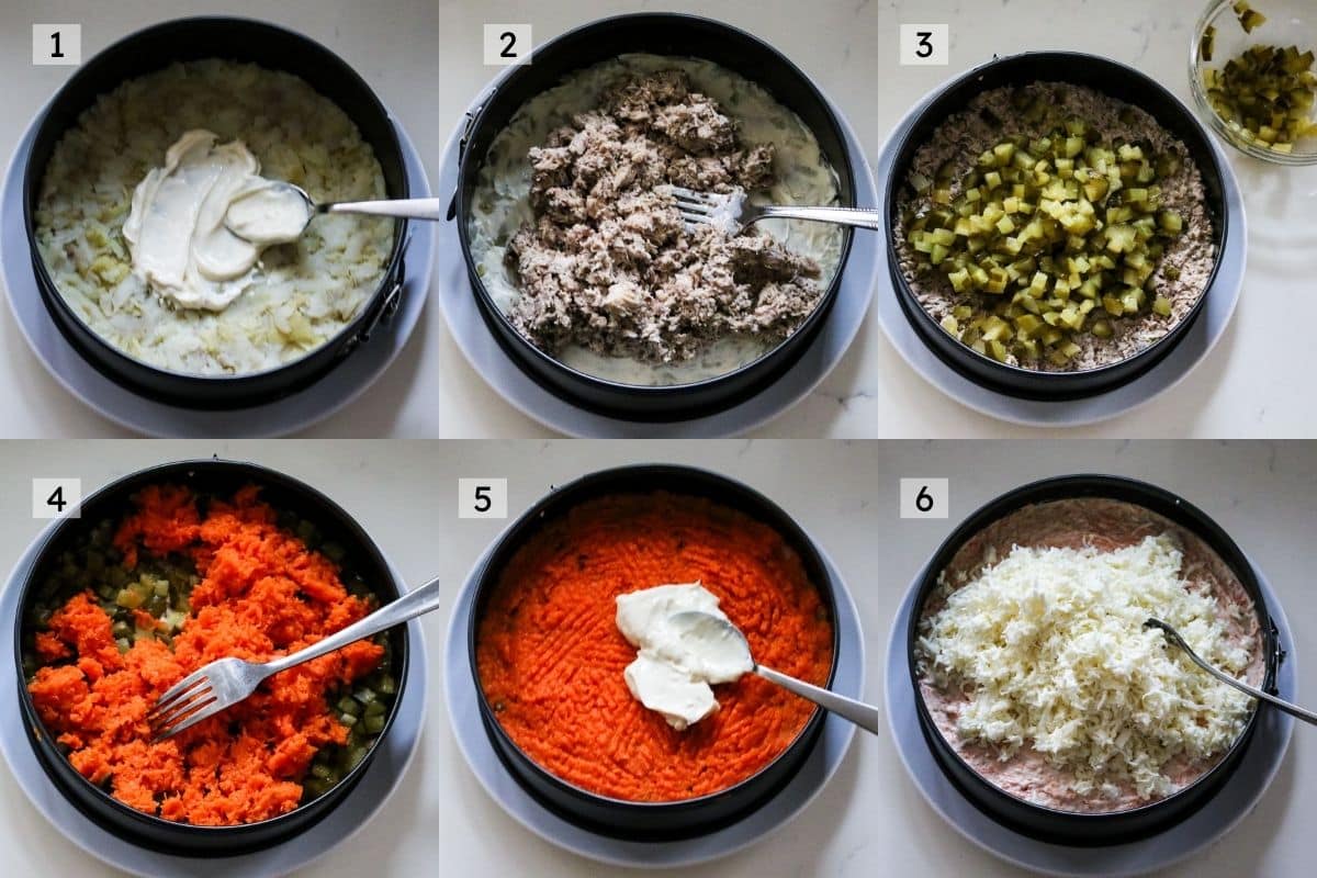 steps on how to layer mimosa salad.