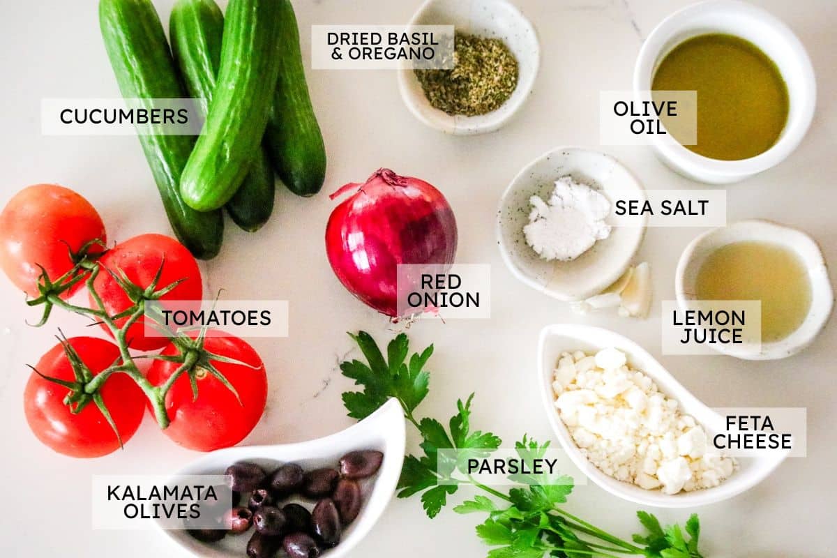 ingredients for Greek Tomato and Cucumber salad.