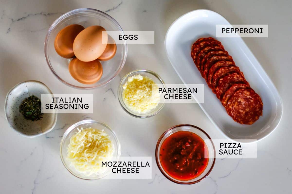 labeled ingredients for pizza eggs.
