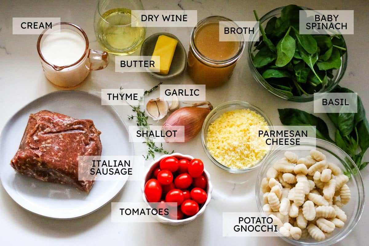 ingredients for one pan sausage and gnocchi skillet
