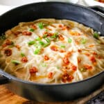 dumpling lasagna in a chistera saute pan.