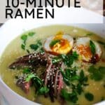 ramen bowl with soft boiled eggs and steak in a white bowl with text overlay.