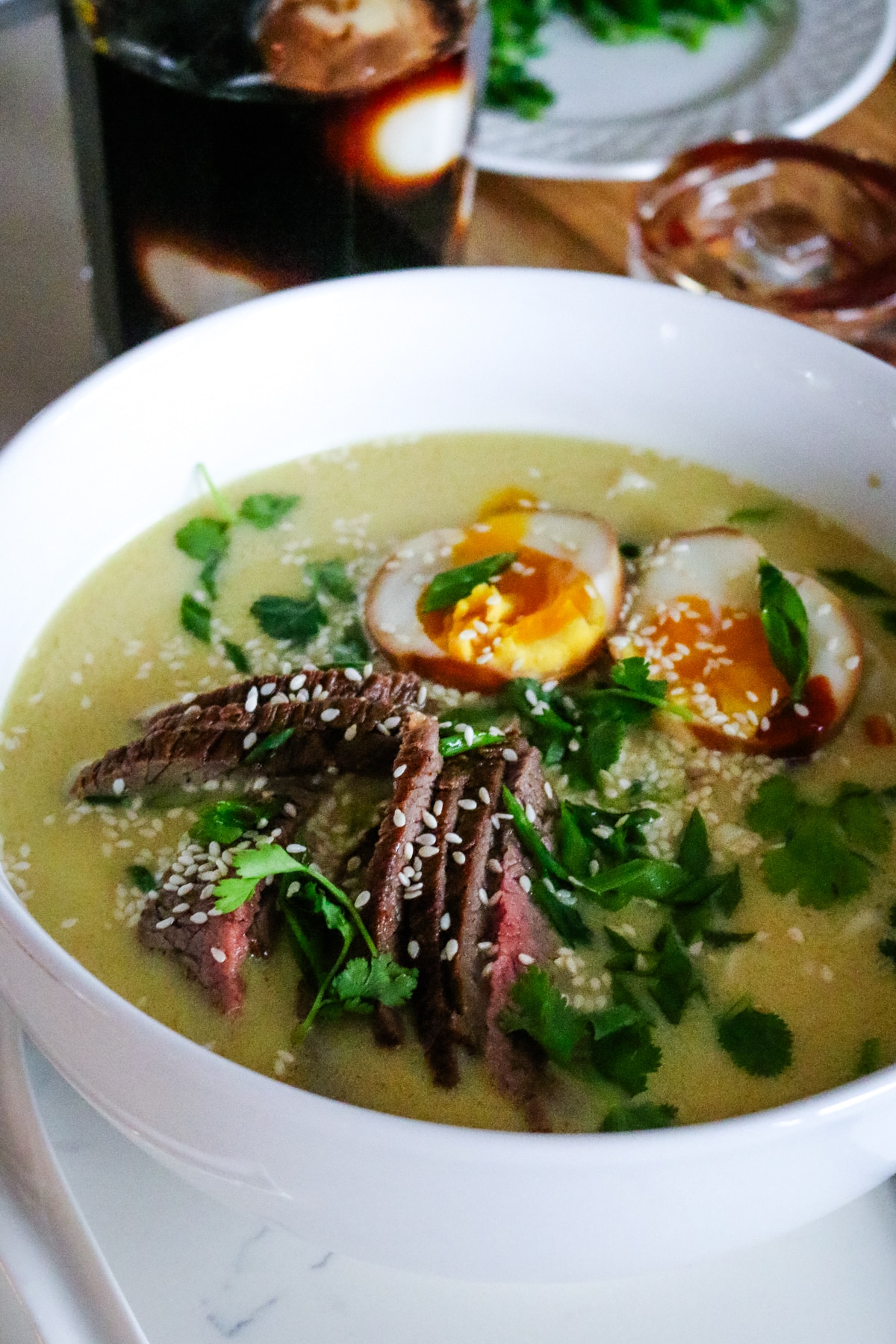 ramen with marinated soft boiled eggs.