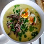 quick ramen recipe with steak, ramen noodles, and soft-boiled eggs.